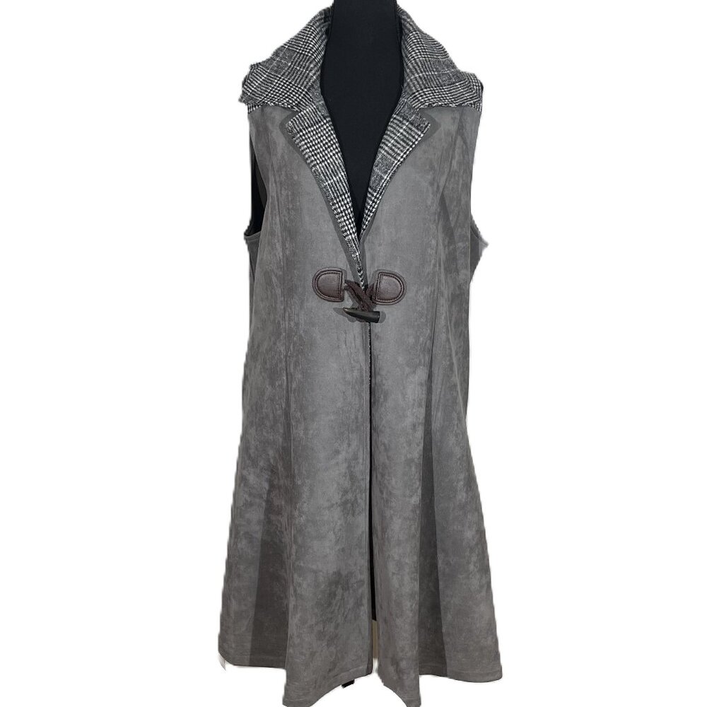 GREY ULTRA SUEDE  PLAID FLANNEL COLLAR WITH FAUX LEATHER TOGGLE CLOSING DUSTER